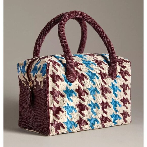 Anthropologie Handbags - Anthropologie Beaded Satchel Houndstooth Blue Burgundy